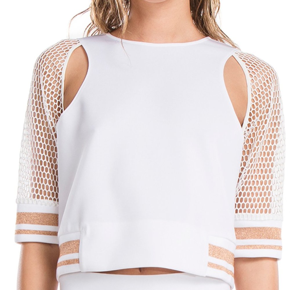NWT Lime & Vine SLOAN Sheer Mesh Sleeve Crop Top with Metallic Trim WHITE